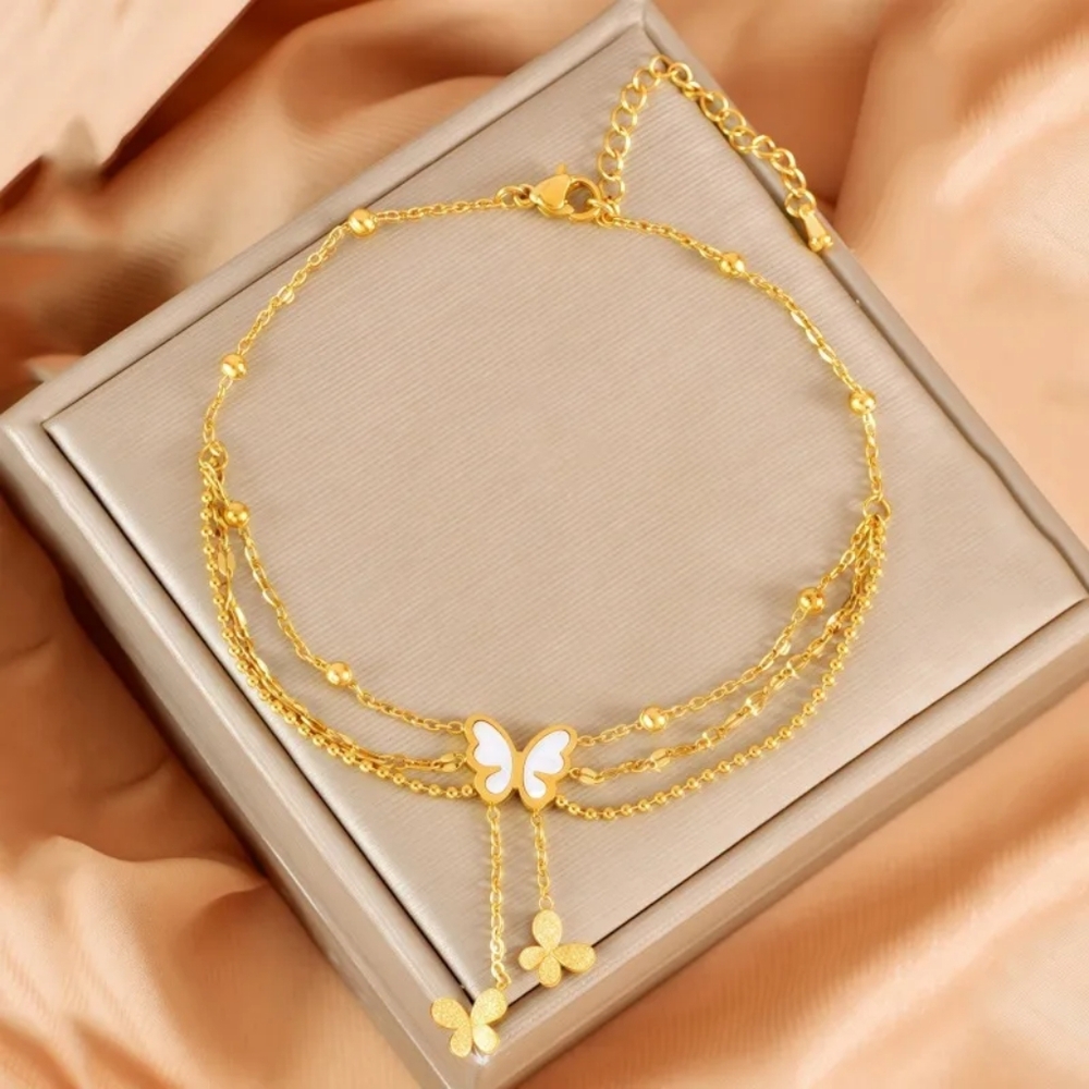 Gold & Mother Of Pearl Layered Butterfly Anklet - Picture 11 of 14